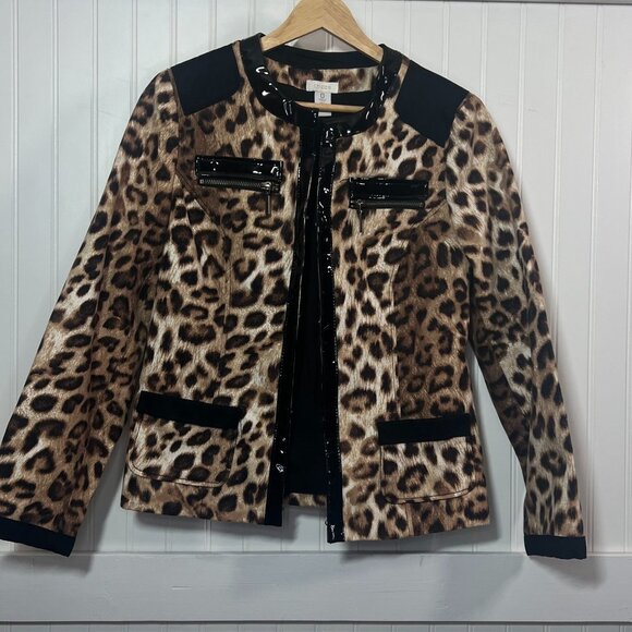 Chico's Leopard Print Jacket Faux Patent Leather Trim Animal Print Coat Small - Picture 4 of 9